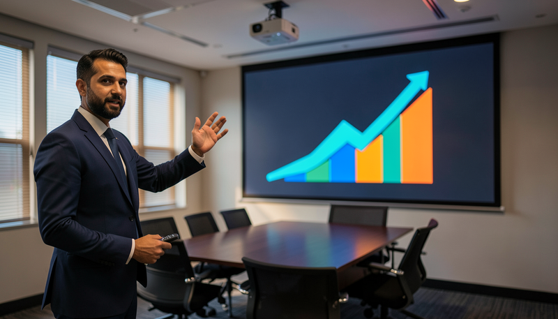 Presenter in a UAE boardroom gesturing at a motorised projection screen showing a rising bar chart from a ceiling-mounted projector