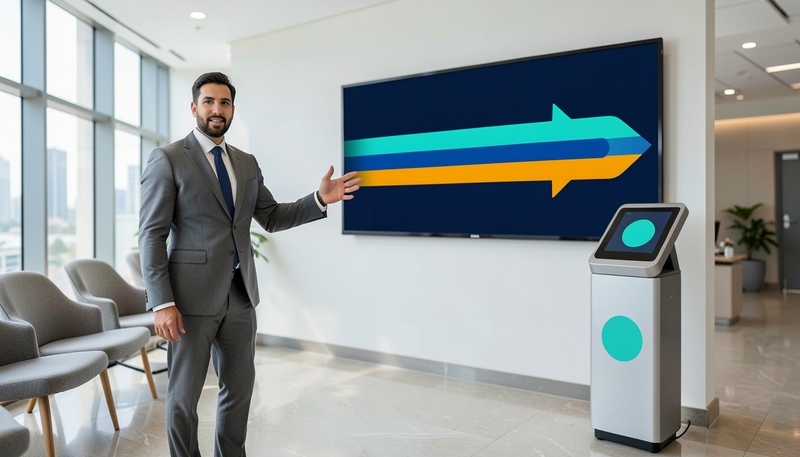 Bank branch manager in a UAE waiting area gesturing at a wall display showing a queue-flow graphic beside a ticket kiosk
