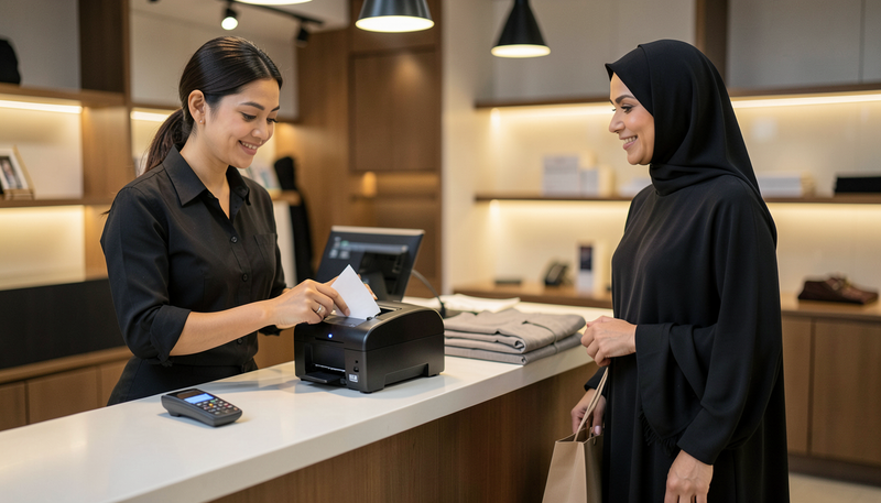 Cashier printing a receipt on a thermal printer at a boutique counter