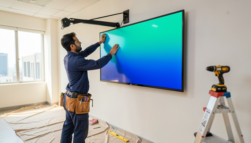 Installer lifting a large flat panel display onto a black articulating wall mount arm in a UAE office during fit-out