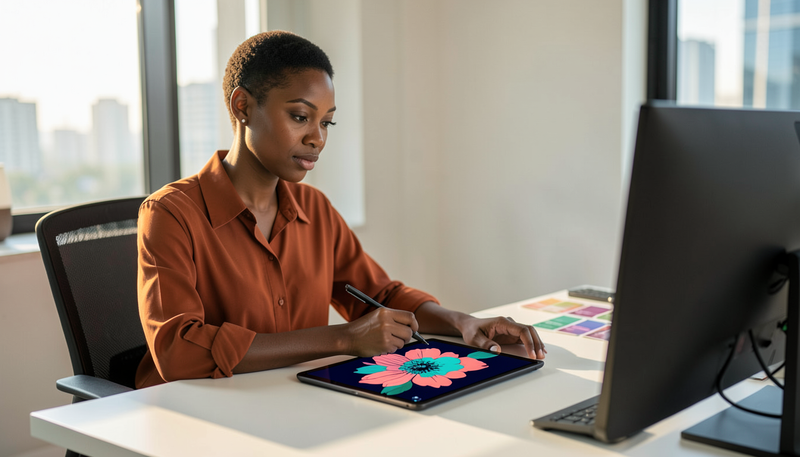 Designer drawing a colourful illustration on a pen display tablet at a studio desk