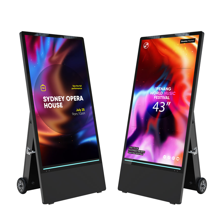 Marvel MWE701 43-inch semi-outdoor digital poster display on a wheeled base