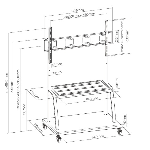 VSYS Heavy Duty Height Adjustable Steel TV Cart