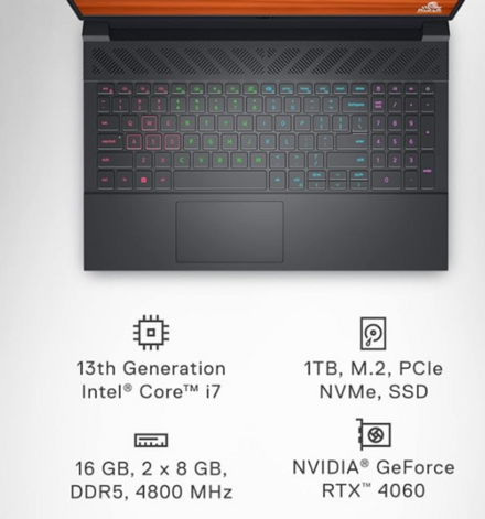 DELL G15 5530 (NBDELLG155530I7161TBW) i7-13650HX-4.60GHz, 16GB, 1TB SSD, 15.6" FHD, CAMERA, BT, WIFI, WINDOWS 11