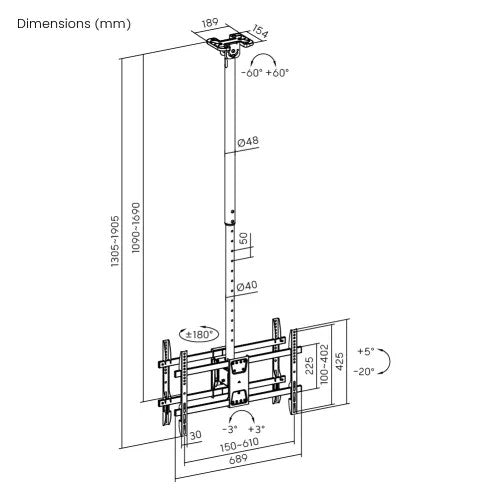 VSYS Back-to-Back Dual Screen Heavy-Duty TV Ceiling Mount (Long)
