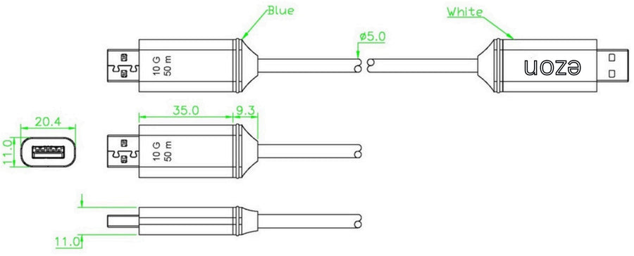 eZon USB 3.x Gen2 Active Optical Cable - Technical Diagram