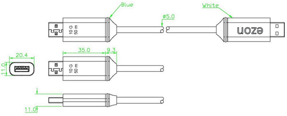 eZon USB 3.x Gen2 Active Optical Cable - Technical Diagram