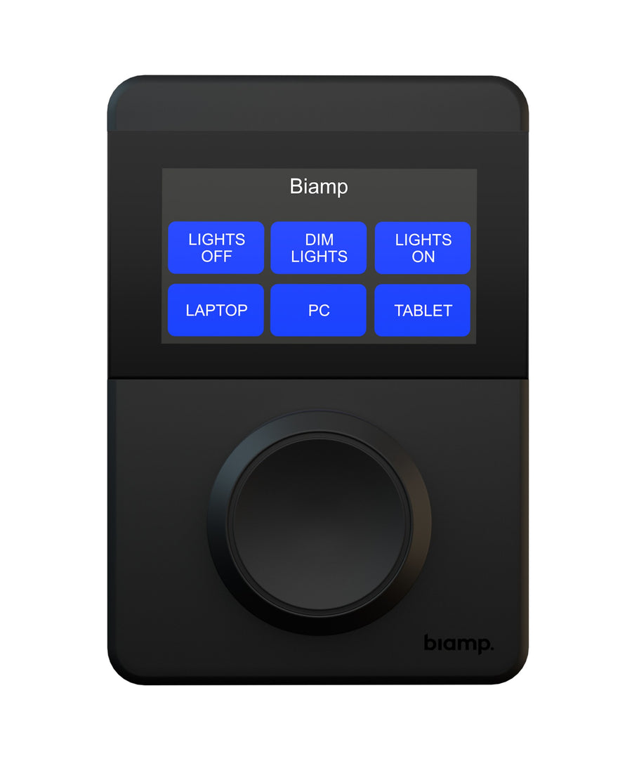 Biamp Apprimo TEC-X 1000 black room control panel with 2.9-inch touch display