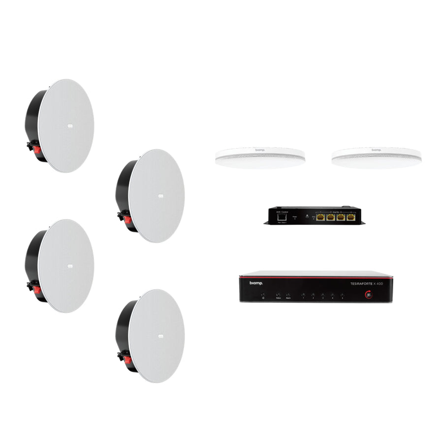 Biamp MRB-L-X400-C-CIC6LP-TAA TAA compliant large meeting room bundle with white ceiling microphones and low-profile loudspeakers