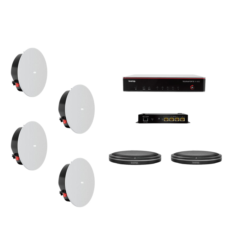 Biamp MRB-L-X400-T-CIC6LP video conferencing room bundle with TesiraFORTÉ X 400 processor and Parlé Beamtracking microphones