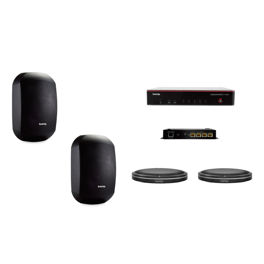 Biamp MRB-L-X400-T-MASK6C video conferencing room bundle with TesiraFORTÉ X 400 DSP, table microphones and MASK6C speakers