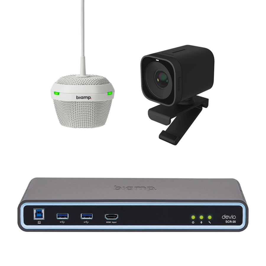 Biamp MRB-S-SCR20-C huddle room video conferencing bundle with Devio SCR-20 hub and DCM-1 pendant microphone