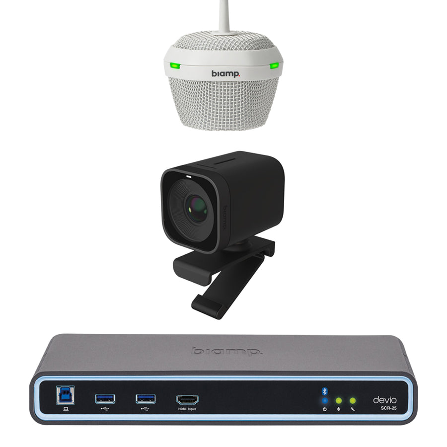 Biamp MRB-S-SCR25-C huddle room kit with Devio SCR-25 hub, DCM-1 pendant microphone and Vidi 250 camera