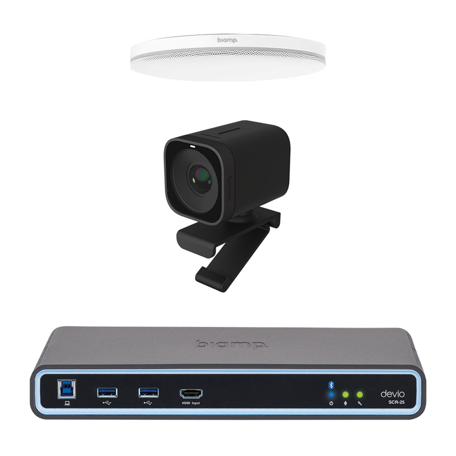 Biamp MRB-S-SCR25-CX huddle room kit with Devio SCR-25 hub, Parlé TCM-XEX ceiling microphone and Vidi 250 camera