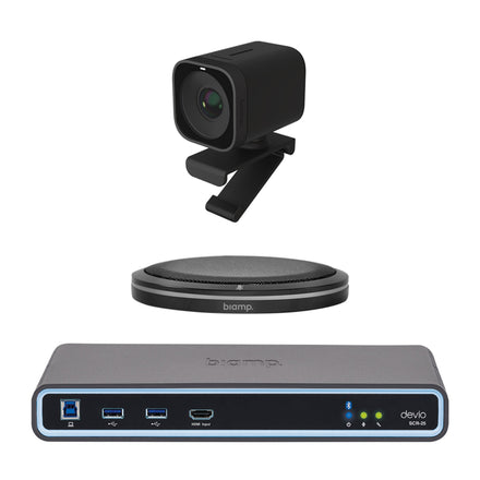 Biamp MRB-S-SCR25-TX huddle room kit with Devio SCR-25TX hub, tabletop microphone and 4K camera
