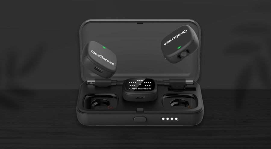 OneScreen Wireless Mic Kit with two wireless microphones, receiver and charging case