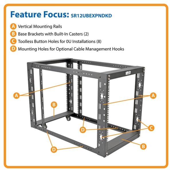 Tripp Lite SmartRack 12U Standard-Depth 4-Post Open Frame Rack, 1000 lbs Capacity