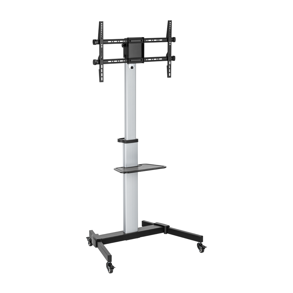 VSYS VFS44-46TW mobile aluminium TV cart in silver and black, front view