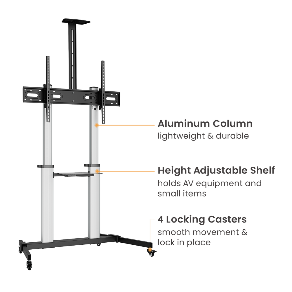 VSYS VFS44-610TW large-format aluminium TV cart, angled view