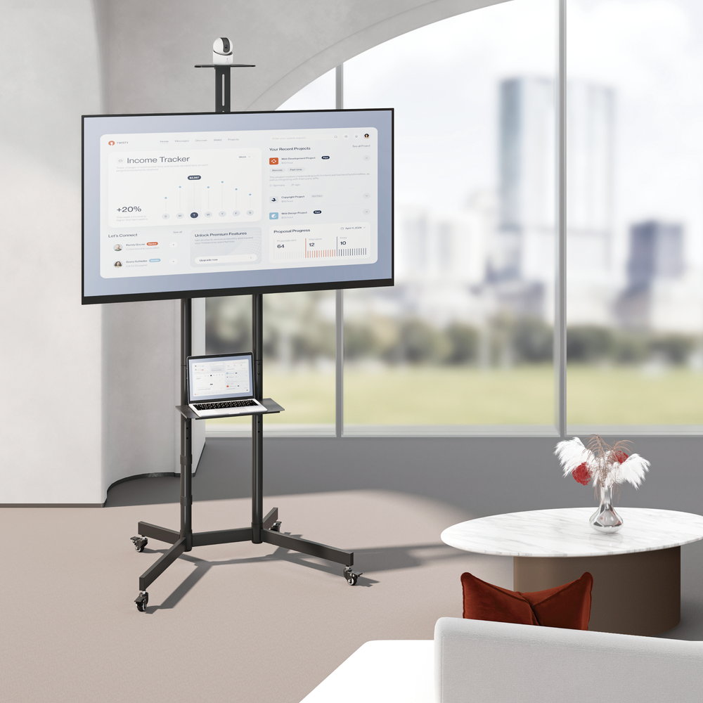 VSYS VTL-1042T economy steel TV cart with camera shelf, front view