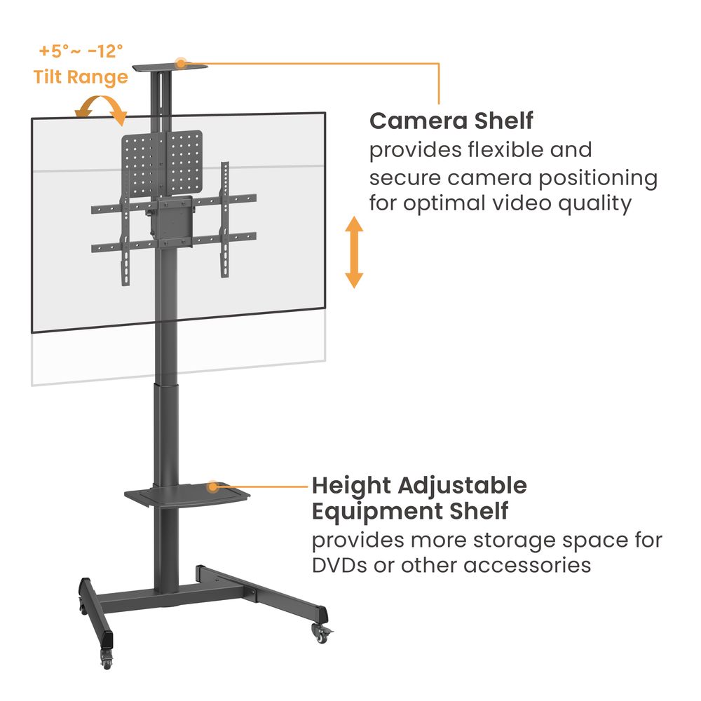 VSYS VTLS17-46TW TV cart with pegboard storage panel, angled view