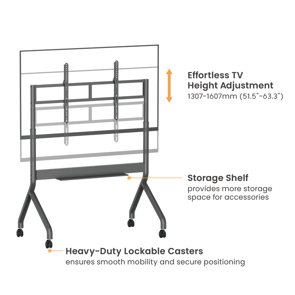 VSYS VTLX16M-612FW motorised height-adjustable TV cart, rear angled view